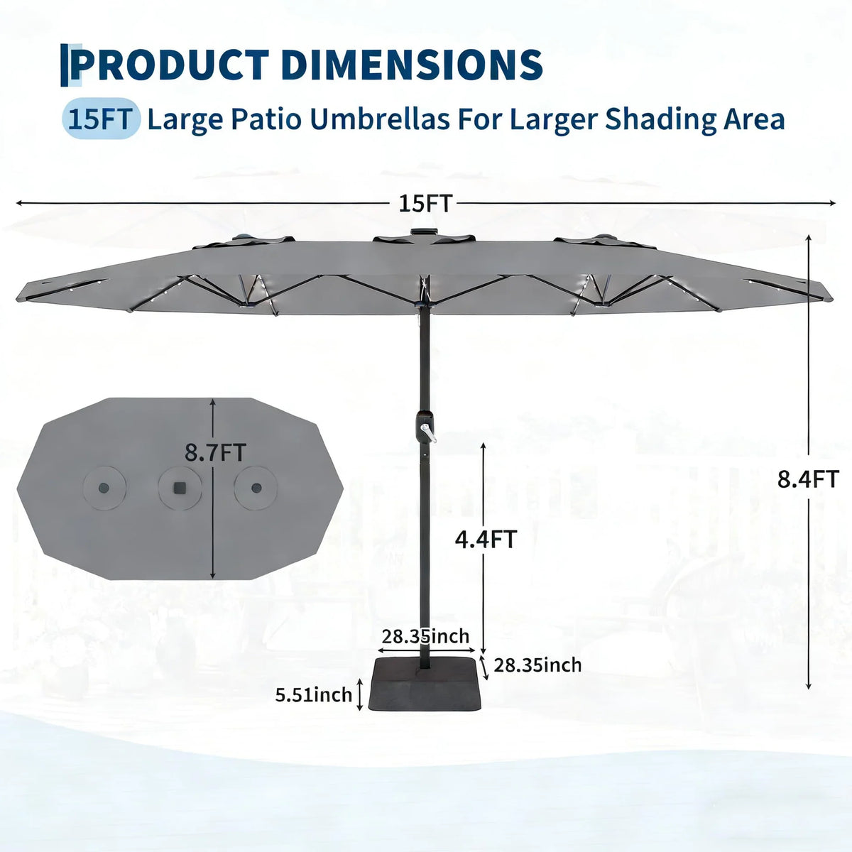 Garvee 270×450 cm Rechteck-Sonnenschirm mit Solar-LED-Beleuchtung & Standfuß, UV-beständiger Gartenschirm mit Kurbelgriff, für Terrasse, Pool & Garten, Grau