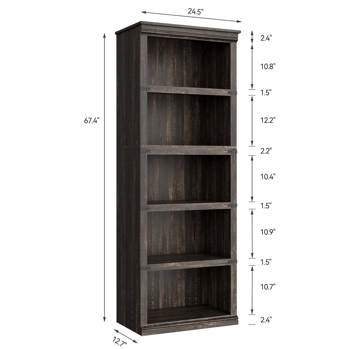 GARVEE Standregal, 5 Ebenen, 62 × 32 × 171 cm, MDF, Landhausstil, Dunkle Eiche – für Wohnzimmer & Büro