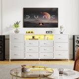 Garvee 160 cm TV-Schrank für 165,1–190,5 cm TVs mit 12 Schubladen, LED-Beleuchtung, Stoff, Ladegerät, Offene Regale, Modernes Wohnzimmermöbel, Weiß - Weiß