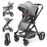 Garvee 2-in-1 Kinderwagen und Buggy, faltbar mit Einhand-Faltmechanismus, 3-fach verstellbarer Rückenlehne 100°/135°/180°, 5-Punkt-Gurt, EVA-Rädern mit Federung und Bremssystem, 8,8 kg - Hellgrau