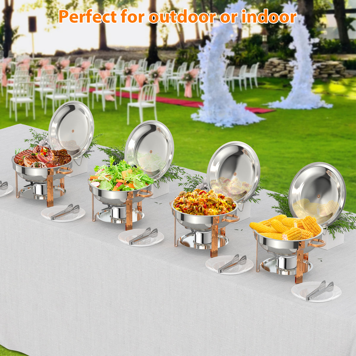Garvee Chafing Dish 4er-Set 5 L aus Edelstahl, rund in Roségold, Buffet-Speisenwärmer für Catering, Hochzeiten und Events