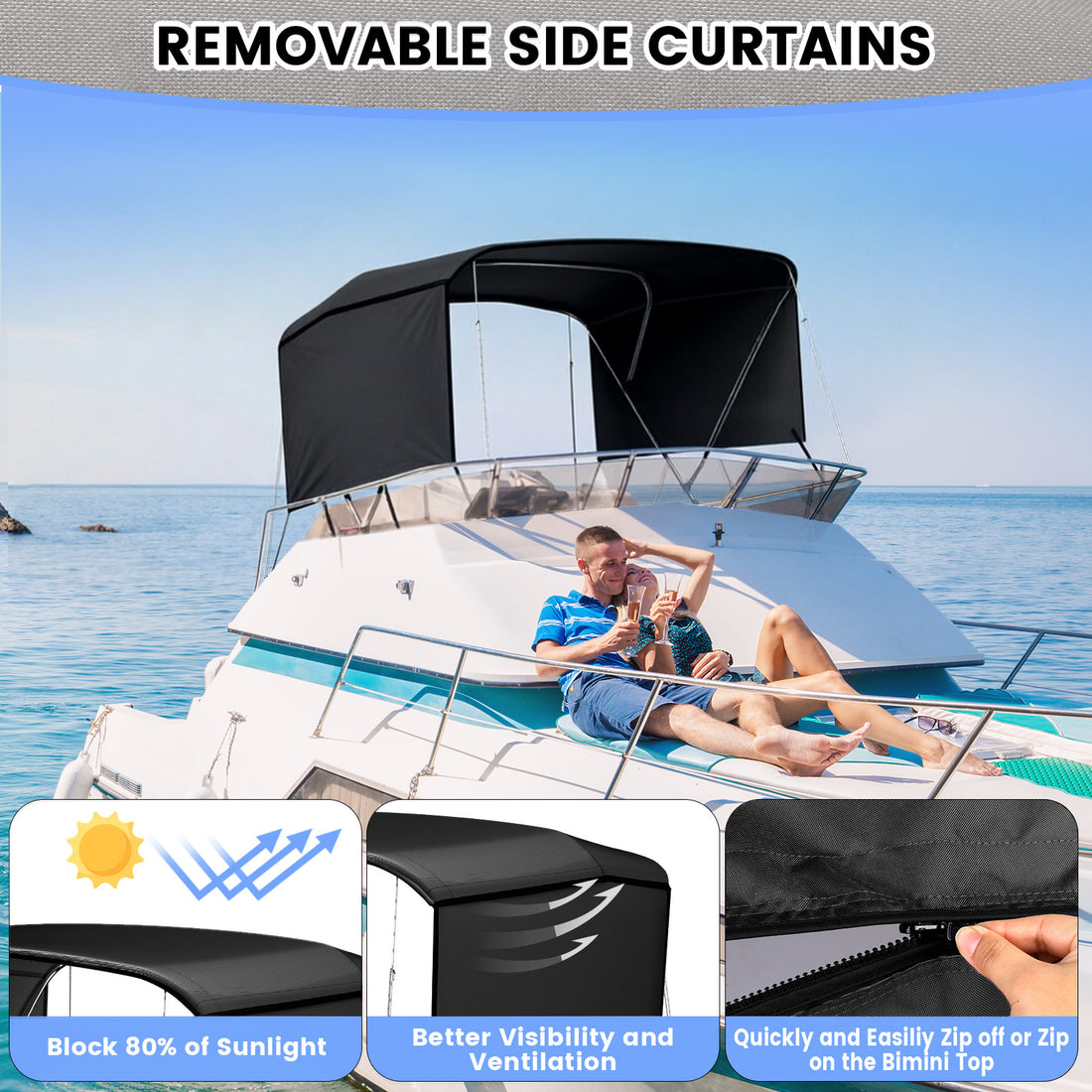Garvee 3-Bogen-Bimini-Top-Bootsabdeckung, Abnehmbare Seiten, Verstellbar, Marine Canvas, UV-Schutz, Verstellbar 155–168 cm, Schwarz