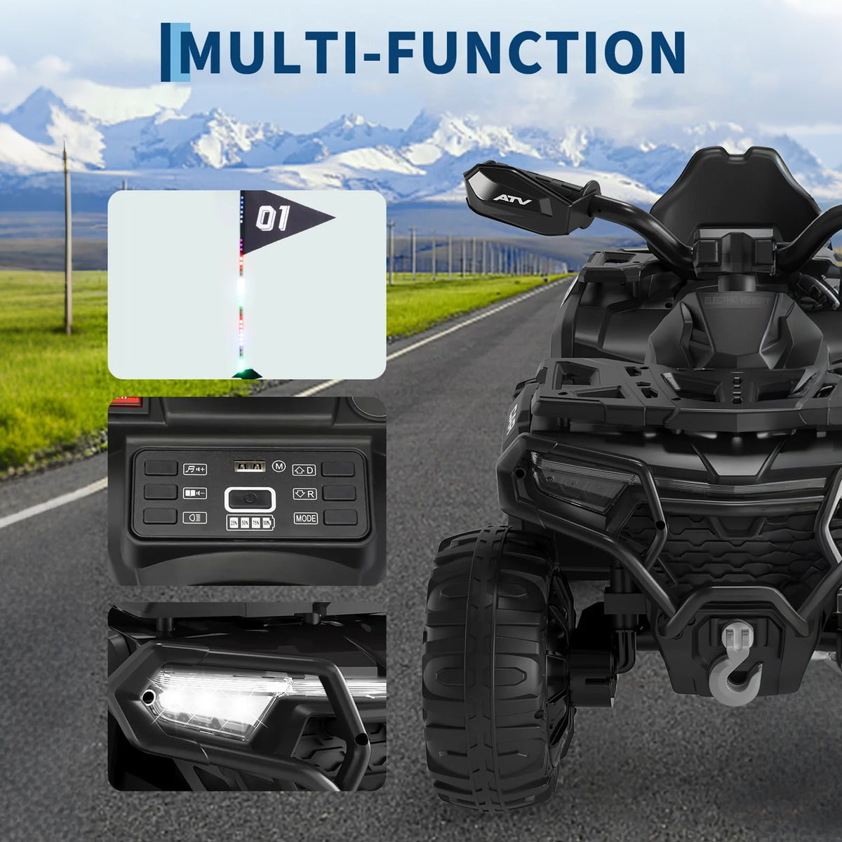 Garvee Kinder Elektro-Quad 12V, Elektrisches Kinderfahrzeug mit Fernbedienung, 2x35W Motoren, LED Lichtern & Musik, für Kinder von 3–8 Jahren, Schwarz