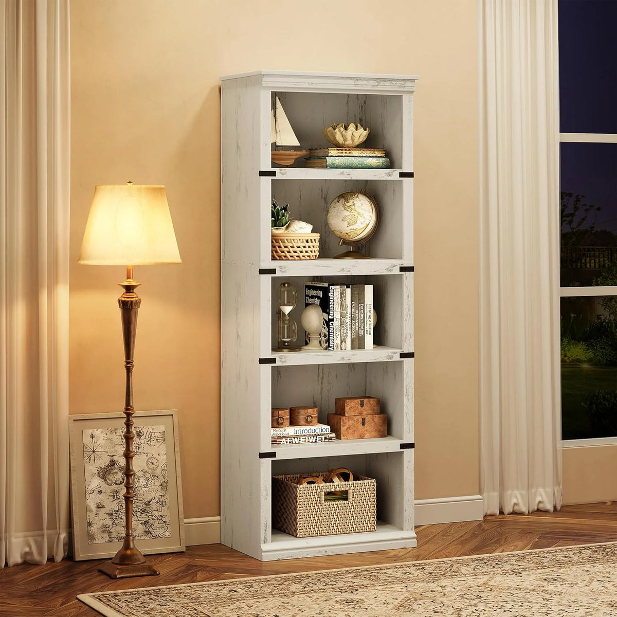 GARVEE Standregal, 5 Ebenen, 62 × 32 × 171 cm, MDF, Landhausstil, Weiß – für Wohnzimmer & Büro