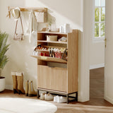 Garvee Schuhschrank schmal mit 2 Klappen, verstellbaren Fächern & offenem Regal, 60 × 24 × 112 cm, Riffel-Design, Holzoptik