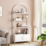 GARVEE Bücherregal mit Bogen und Türen, 4 Ebenen, ca. 181,6 cm hoch, Holzwerkstoff & Metall, modernes Design, Weiß – für Wohnzimmer & Büro - Weiß
