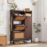Garvee Schuhschrank schmal mit 3 Klappen, Rattantüren, 90 × 23,4 × 132 cm, für bis zu 28 Paar Schuhe, verstellbare Fächer, Dunkle Kirschholzoptik - Dunkle Kirschholzfarbe