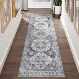 GARVEE Vintage Teppich 60 x 230 cm, Orientalischer Boho Teppich Waschbar & Rutschfest, Weicher Wohnzimmerteppich für Schlafzimmer & Flur, Grau - Grau