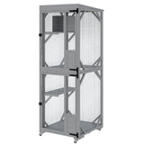 Garvee Katzengehege Outdoor mit Rollen, Katzenvoliere aus Fichtenholz und Metallgitter, erweiterbares Catio mit Ruhebox und 4 Türen - Grau