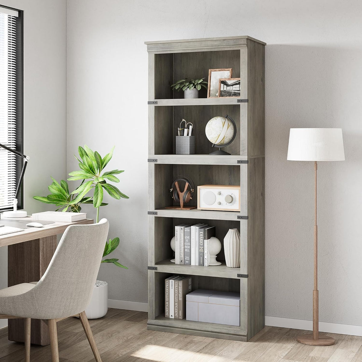GARVEE Standregal, 5 Ebenen, 62 × 32 × 171 cm, MDF & Metall, Landhausstil, Grau – für Wohnzimmer & Büro