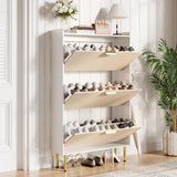 Garvee Schuhschrank schmal mit 3 Klappen, 80 × 24 × 132 cm, für 18–24 Paar Schuhe, verstellbare Fächer, Kippschutz, Weiß mit goldenen Details - Weiß