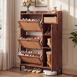 Garvee Schuhschrank schmal mit 3 Klappen, Rattantüren & verstellbaren Einlegeböden, 90 × 23,4 × 132 cm, mit Metallfüßen, Granatapfelholz - Granatapfelholz