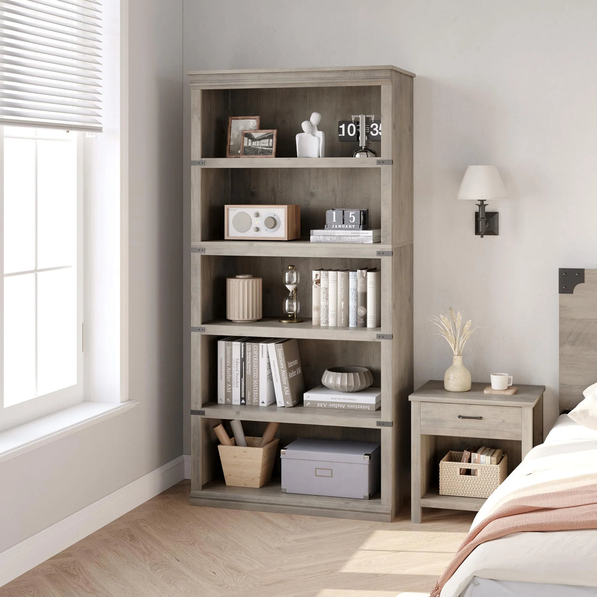 GARVEE Standregal, 5 Ebenen, 80 × 32 × 171 cm, MDF & Metall, Landhausstil, Grau – für Wohnzimmer & Schlafzimmer