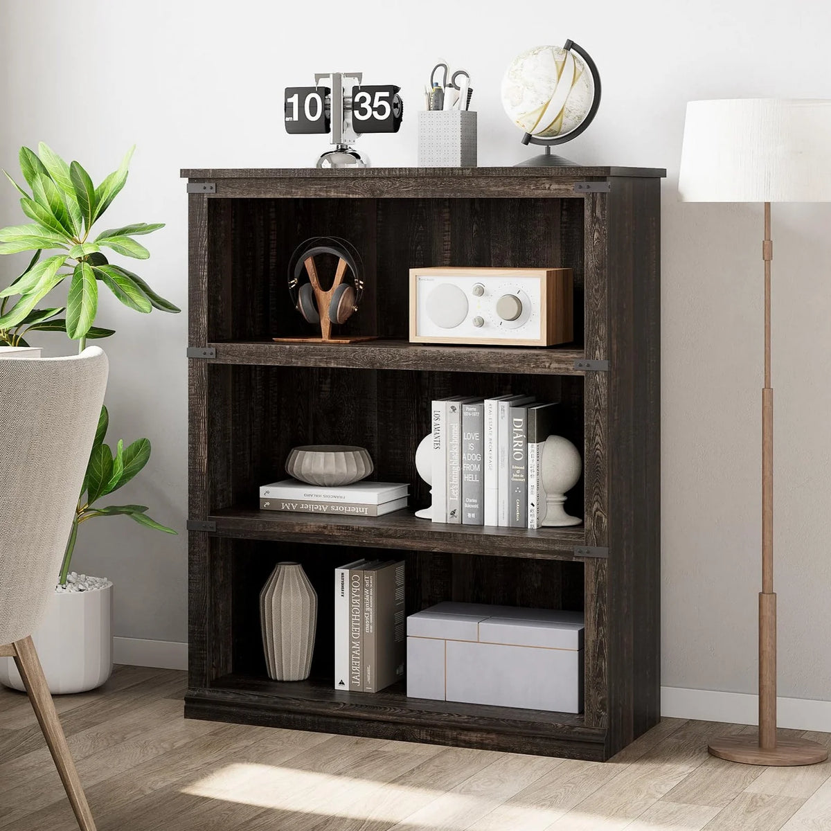 GARVEE Standregal, 4 Ebenen, 80 × 32 × 102 cm, MDF, Industrial-Design, Dunkle Eiche – für Wohnzimmer & Schlafzimmer
