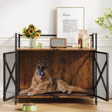 Garvee Hundebox-Möbel bis 45 kg mit Kissen, 2 Türen, Doppelverriegelung und feststellbaren 360°-Rollen, Innenmaß 101 × 59 × 65 cm, Holz & Metall, Braun - Braun