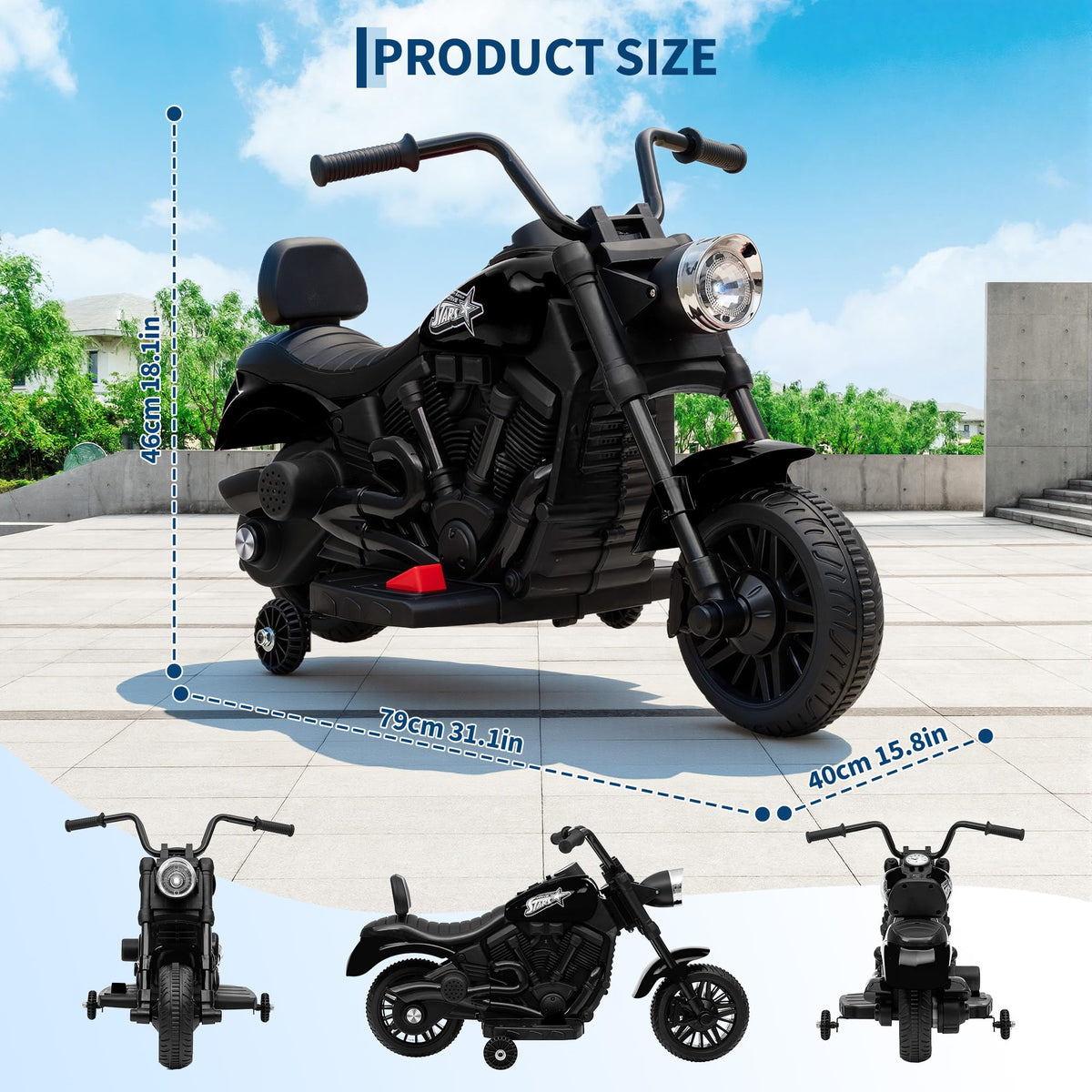 GARVEE 6-V-Elektromotorrad mit Maßen 79 × 40 × 46 cm
