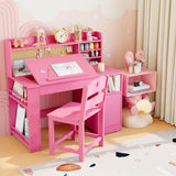 Garvee Kinder-Schreibtisch-Set 3–8 Jahre, ergonomischer Schreibtisch mit Stuhl, Stauraum und bis 70° neigbarer Tischplatte, Holz-Lerntisch für Kinderzimmer, Rosa - Rosa