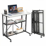Garvee Klapptisch mit Rollen, 80 × 50 × 75 cm, klappbares Küchenregal mit 2 Gitterablagen, vormontierter Beistelltisch, platzsparend zusammenklappbar, 4 feststellbare Rollen, Weiß - Weiß