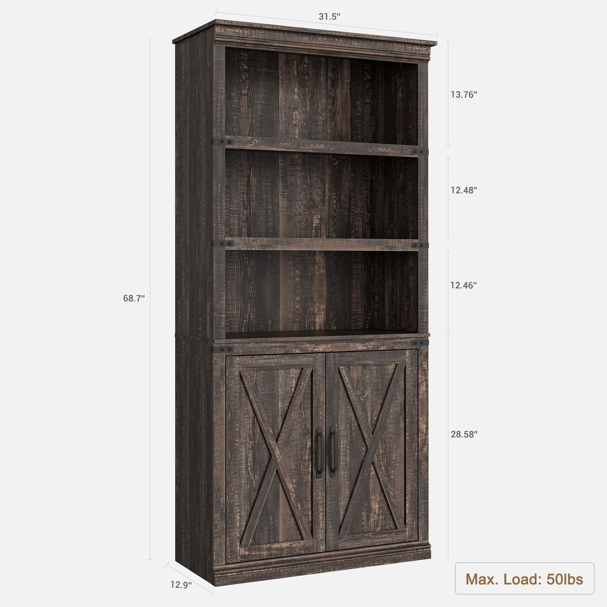 GARVEE Bücherregal mit Türen, 5 Ebenen, 80 × 33 × 174,5 cm, MDF, verstellbare Ablagen, Braun – für Wohnzimmer & Schlafzimmer