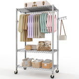 Garvee Doppel-Kleiderständer, 115 × 40 × 192 cm, Schwerlast-Kleiderständer auf Rollen bis 330 kg mit 2 Kleiderstangen, verstellbaren Gitterablagen und Seitenhaken - Silber