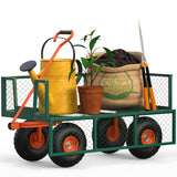 Garvee 3-in-1 Gartenwagen aus Stahl, bis 227 kg, mit Gitterseiten, 86 × 46 cm Ladefläche, 25 cm Geländerädern & 120° Schwenkgriff, für Garten, Hof & Outdoor - Grün+Orange