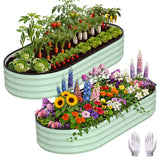 Garvee Galvanisiertes Hochbeet 2er Set Oval 4x2x1 FT Rostfrei Mit Handschuhen & Gummirand Für Garten Gemüse Grün