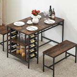 Garvee Esstisch-Set für 4 mit Weinregal und Stauraum, Robust Metall & Holz, Platzsparend, Rechteckig, Ideal für Kleine Räume, Braun - Braun