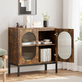 Garvee Sideboard 80 × 40 × 83 cm, Kommode mit 2 geriffelten Glastüren, verstellbarer Ablage und Metallgestell, bis 100 kg, Braun - Braun