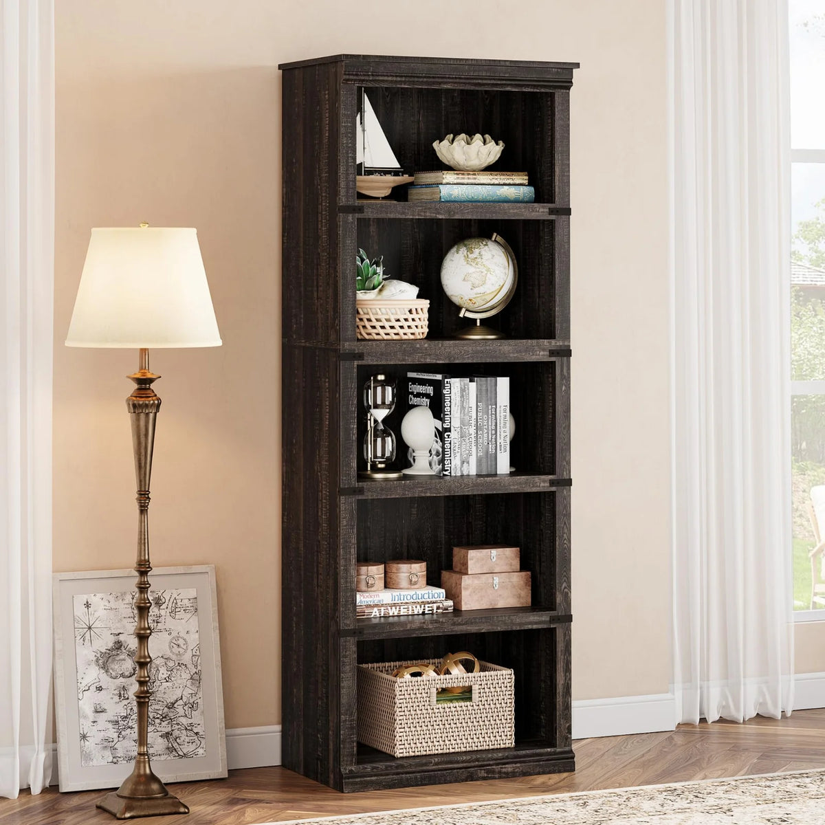 GARVEE Standregal, 5 Ebenen, 62 × 32 × 171 cm, MDF, Landhausstil, Dunkle Eiche – für Wohnzimmer & Büro