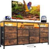 Garvee TV-Lowboard Vintage-Braun 160 x 35 x 75 cm, TV-Schrank mit 10 Stoffschubladen, RGB-LED-Beleuchtung, Steckdosen und USB, Fernsehtisch mit Stauraum