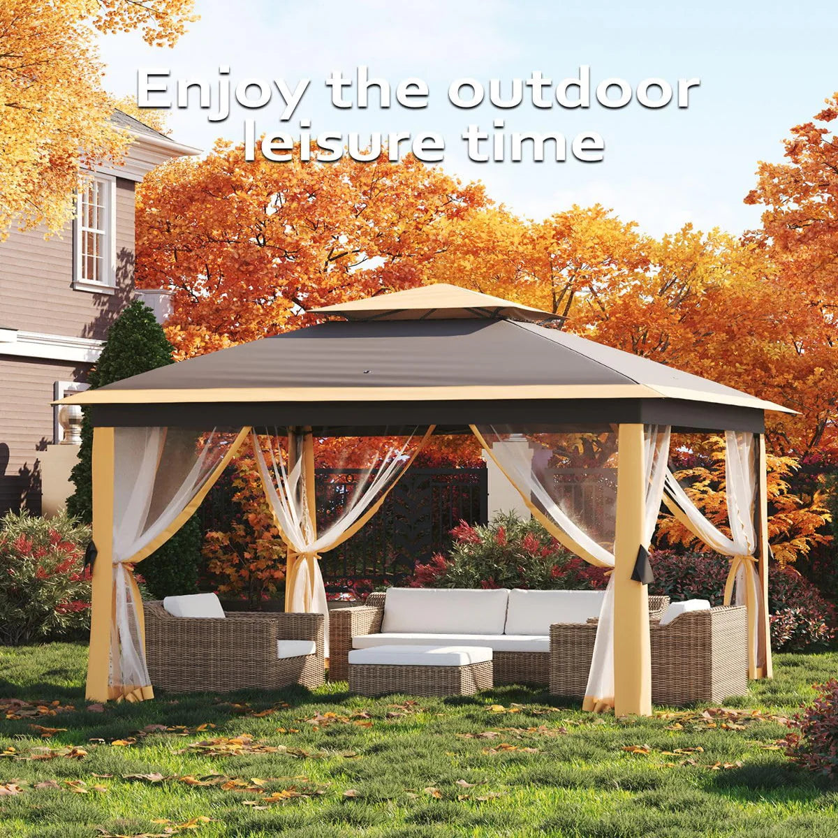 Garvee Pop Up Pavillon 335×335 cm, Mit Moskitonetz, Wasserdicht, UV-Schutz, Höhenverstellbar, Khaki