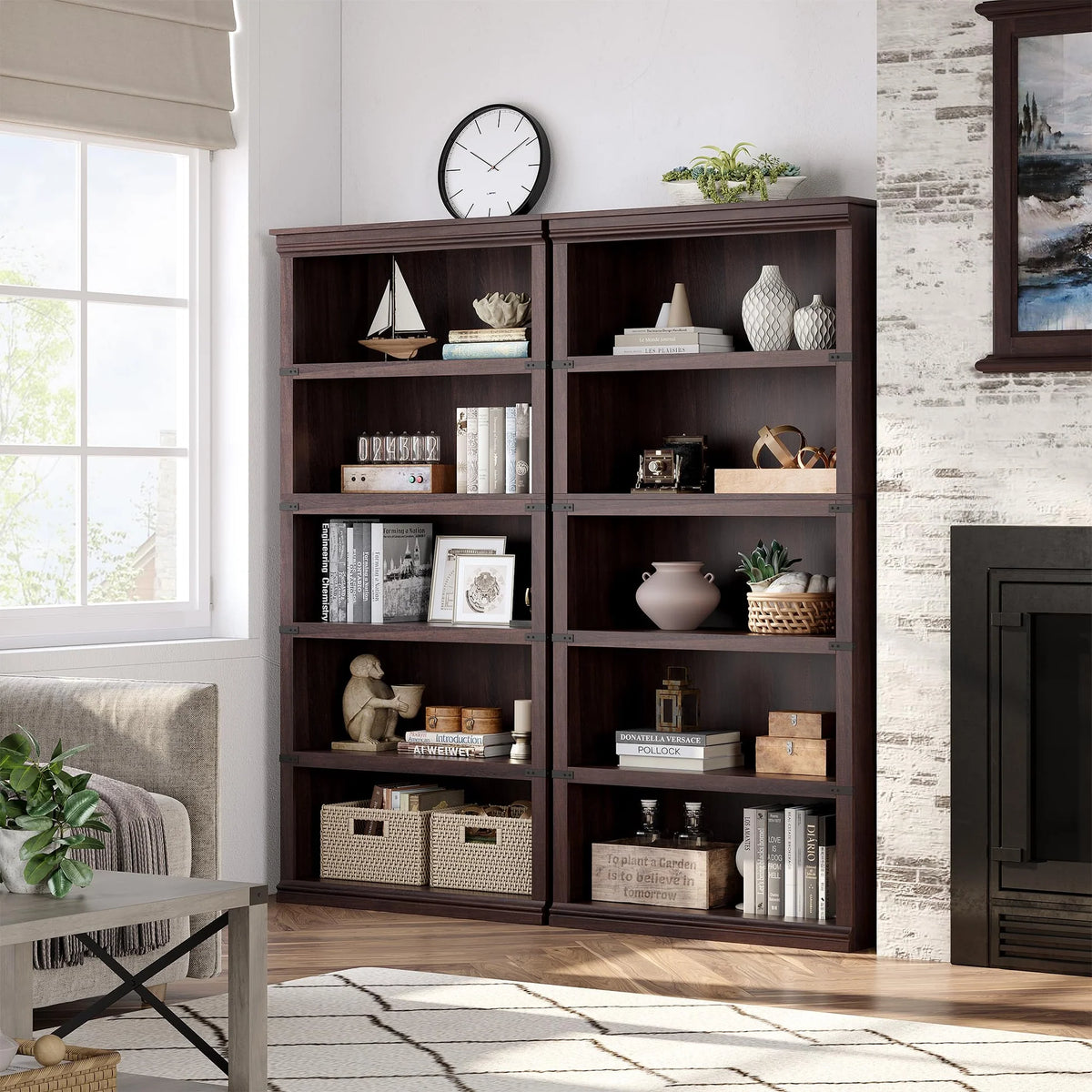 GARVEE Baum-Bücherregal, 5 Ebenen, 80 × 32 × 171 cm, MDF & Metall, Landhausstil, Kirschbaum – für Wohnzimmer & Schlafzimmer