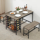 Garvee Esszimmer-Set für 4 mit Weinregal & Stauraum, Metall & Holz, Platzsparend, Robust, 2 Bänke, Kleine Räume, Grau - Grau
