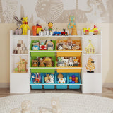 Garvee Kinder Spielzeugregal mit 8 herausnehmbaren Boxen, 3 Ablagefächern und Schranktür, MDF, Gelb/Blau/Grün, 113 × 30 × 100 cm - Gelb/Blau/Grün