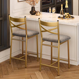 Garvee Barhocker Set 2 Metall Esszimmerstühle mit X-Rücken, Dicke PU-Lederpolsterung, Goldfarben, für Küche & Restaurant, mit Rückenlehne - Grau+Gold