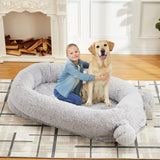 Garvee XXL-Hundebett für Menschen und Haustiere mit Decke, 20 cm hohem Rand, hochdichtem Schaumstoff, waschbarem Bezug, Seitentaschen und Tragegriff - Grau