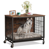 Garvee Hundekäfig Möbel 112 × 70 × 93,5 cm, Hundebox für Innen mit Stauraum, Schubladen, offenem Ablagefach, verstärktem Holz und Stahlrohren, Doppeltür und Beistelltisch-Funktion