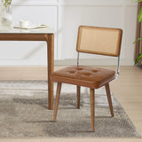 Garvee Mid-Century Rattan Esszimmerstuhl, Handgewebte Rückenlehne, Gepolstert, Holzrahmen, PU-Kunstleder, pflegeleicht, Braun - Braun