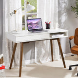 Garvee Mid-Century Schreibtisch 108 × 50 × 75 cm mit Schublade, Schrankfach und offenem Regal, Computertisch mit Massivholzbeinen für Homeoffice und Schlafzimmer - Weiß