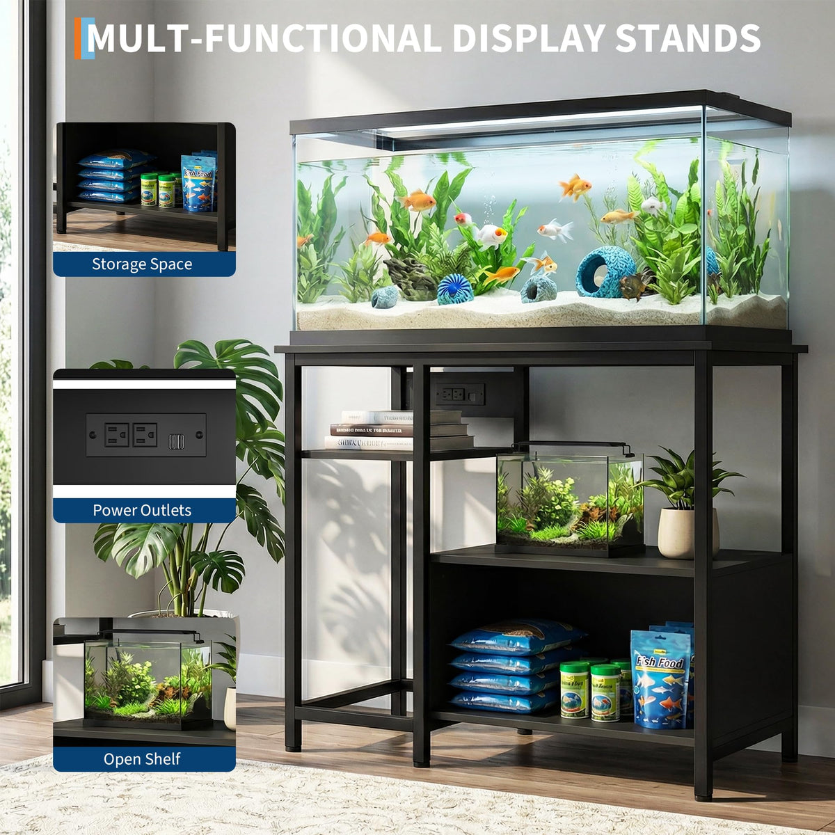 Schwarzer Aquariumunterschrank mit Stauraum und Ablagen