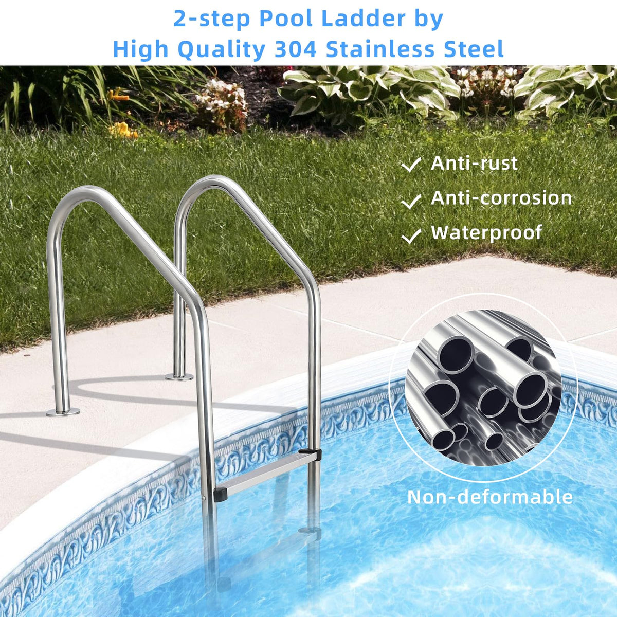 Garvee 2-Stufen-Poolleiter aus 304-Edelstahl, Schwimmbadleiter für eingelassene Pools, rutschfeste Stufen, stabiler Handlauf, robuste Edelstahlleiter für Schwimmbecken