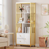 GARVEE Bücherregal mit Schubladen, 4 Ebenen, MDF & Metall, verstellbare Ablagen, Weiß – für Wohnzimmer & Schlafzimmer