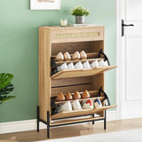 Garvee Schuhschrank schmal 61 × 24 × 102 cm, Rattan-Schuhkipper mit 2 Klappen, Schublade & verstellbaren Fächern, Braun - Braun