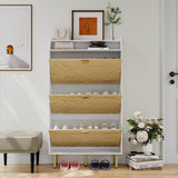 Garvee Schuhschrank schmal mit 3 Klappen, verstellbaren Einlegeböden, 79,2 × 23,3 × 145,1 cm, Weiß mit heller Holzoptik