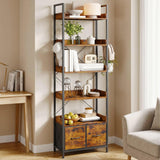 Garvee Bücherregal Industrial 60 x 30 x 181 cm, Standregal mit 5 offenen Ablagen und 2 Schubladen, Vintage-Braun und Schwarz