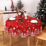 Garvee Weihnachtstischdecke Ø 152 cm rund, wasserabweisend aus Polyester mit Schneeflocken & Tannenmotiv, Rot, mit LED, pflegeleicht - Rot