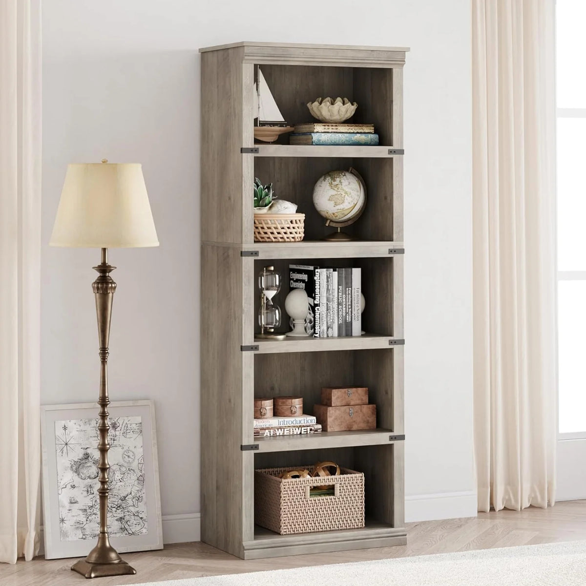 GARVEE Standregal, 5 Ebenen, 62 × 32 × 171 cm, MDF & Metall, Landhausstil, Grau – für Wohnzimmer & Büro