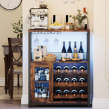 Garvee Weinschrank Barschrank mit LED-Beleuchtung, verstellbarem Weinregal, Weinglashalter & Mesh-Tür, 69 × 35 × 92 cm, Braun - Braun