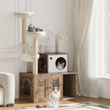 Garvee 3-in-1 Kratzbaum mit Katzenklo-Schrank, Mehrstufiger Katzenbaum mit Hängematte, Sisal-Kratzsäulen, 5 Pompon-Spielzeugen und Gepolsterter Liegeplattform - Braun