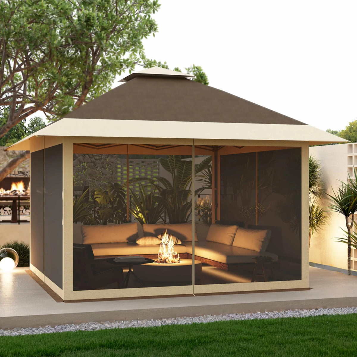 GARVEE Pop-Up Pavillon 3,65 x 3,65 m mit Moskitonetz, UV-Schutz, 3-fach Höhenverstellbar, Stahlrahmen, 6 Seitenwände & Sandtaschen, Für Garten & Camping, Khaki